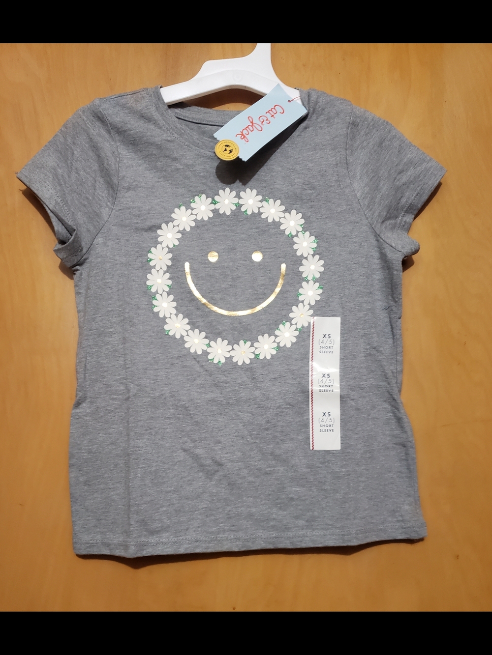 Cat & Jack Gray Tee with Gold Smiley and White Daisy Wreath